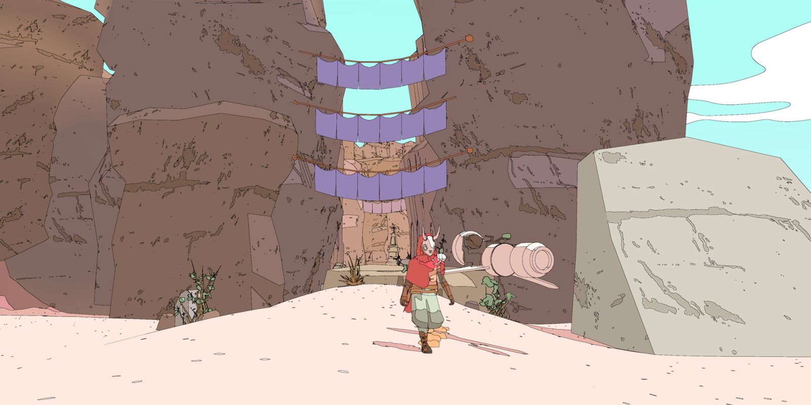 A screenshot from the video game Sable with the main character walking away from a village in the background through the desert. 