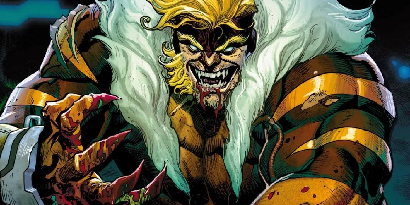 Dentes de Sabre sorrindo com sangue nas garras e nos dentes na Marvel Comics