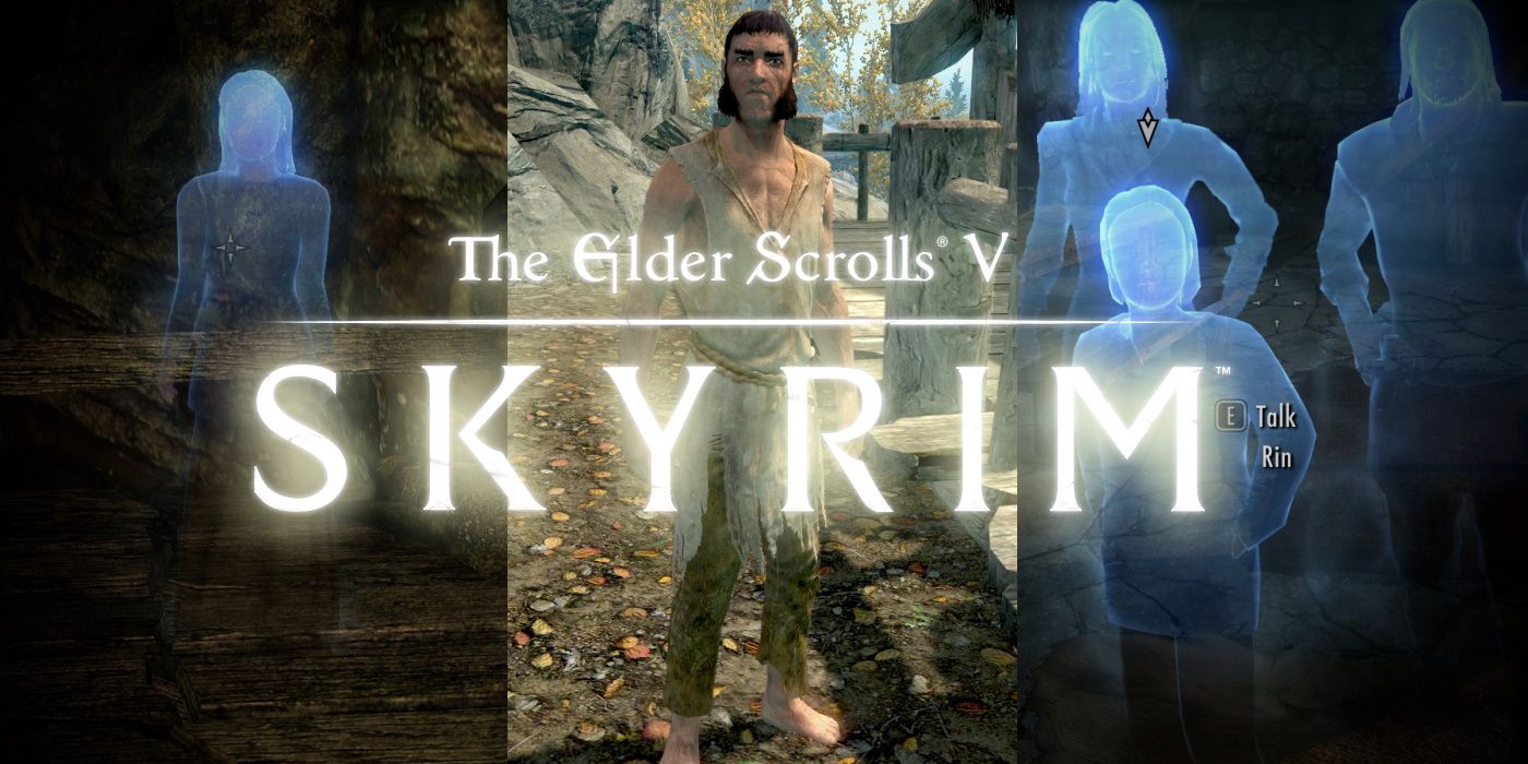 A split image showing multiple quest-important NPCs from Skyrim, most of which appear as ghosts, all behind the game's title logo with the letters turned bright white.