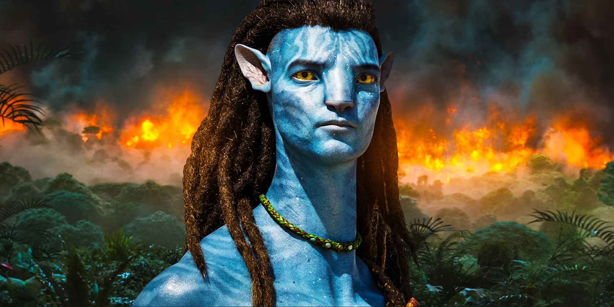 sam worthington as jake sully in avatar with pandora on fire