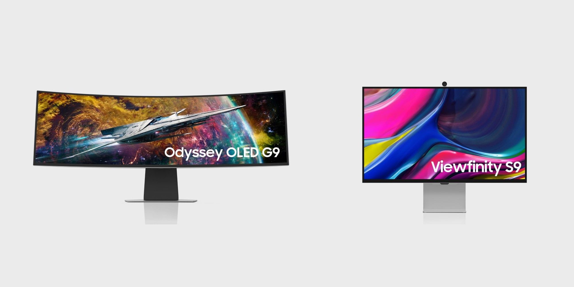 A photo collage of the Samsung Odyssey OLED G9 and ViewFinity S9 monitors