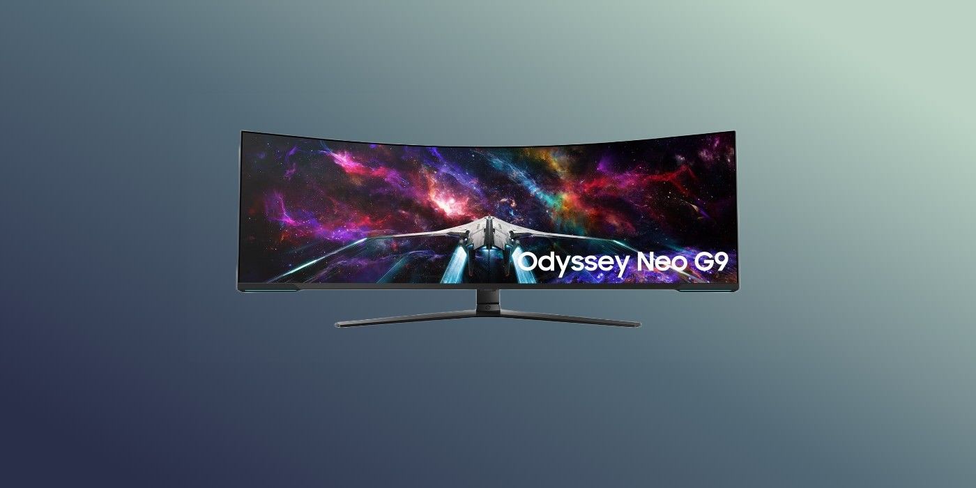 A photo of the Samsung Odyssey Neo G9 against a gradient background