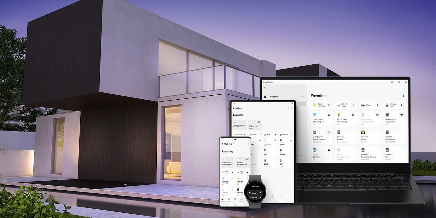 The Samsung SmartThings app on a phone, tablet, laptop, and smartwatch in front of a home