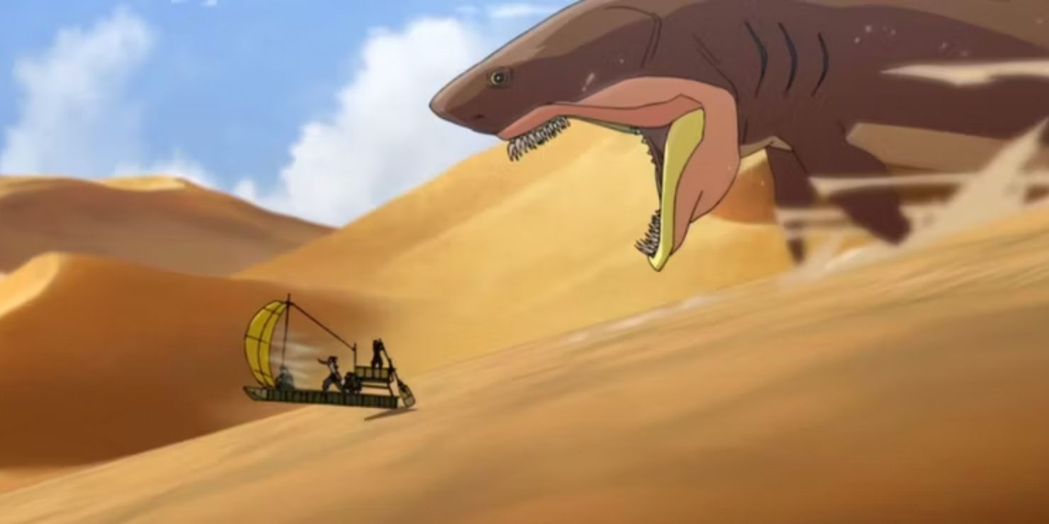 Tubarão de areia persegue o velejador de areia com Korra e Asami nele em Legend of Korra