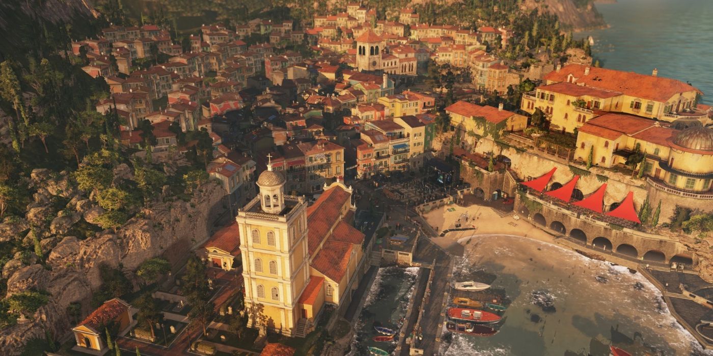 Uma tomada ampla da localização icônica de Sapienza em Hitman 2
