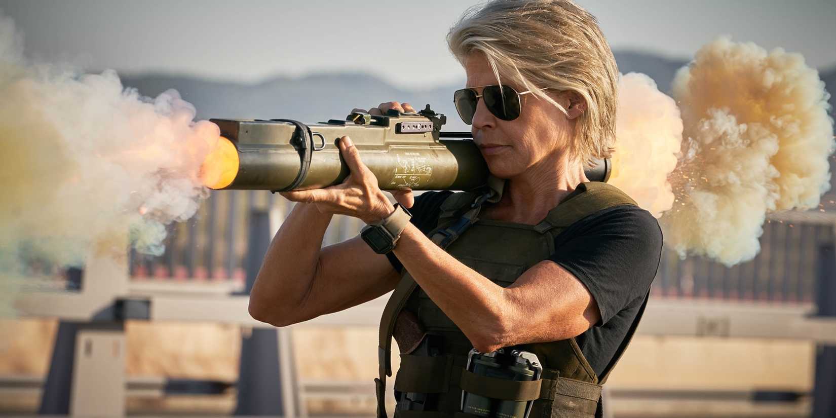 Sarah Connor with a Rocket Launcher in Terminator: Dark Fate