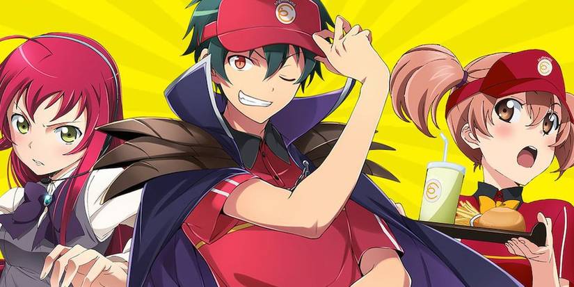 Sadao Maou, Emilia Justina, and Chiho Sasaki posing on the poster of The Devil Is A Part-Timer!