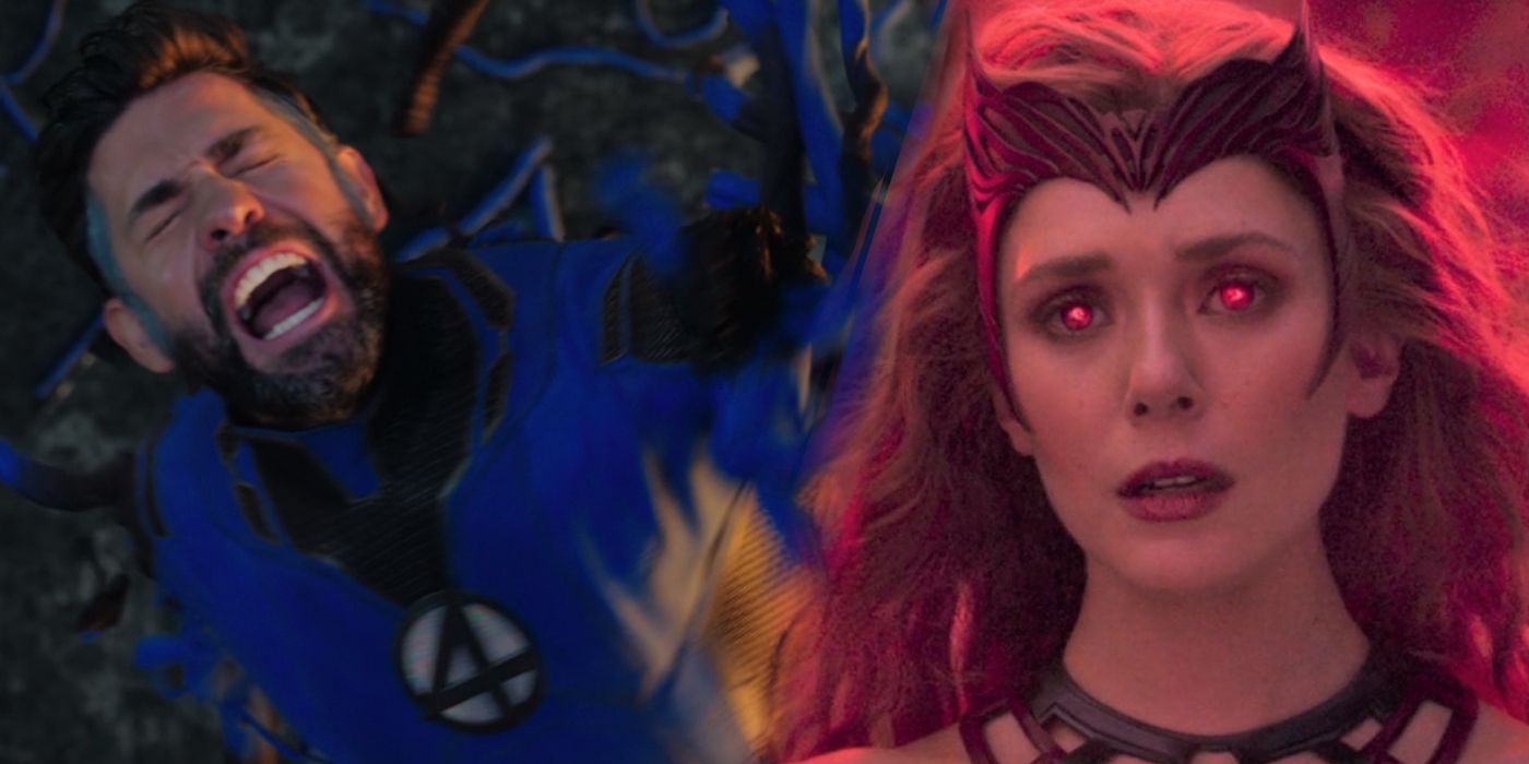 Scarlet Witch from the WandaVision finale stands next to Reed Richards as he dies in Multiverse of Madness
