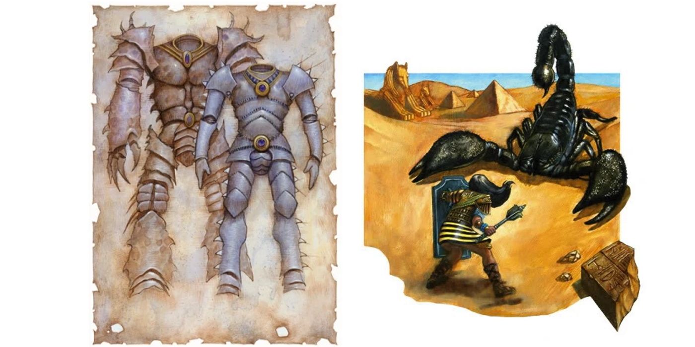 Artwork of scorpion armor next to an image of a DnD character battling a giant scorpion.