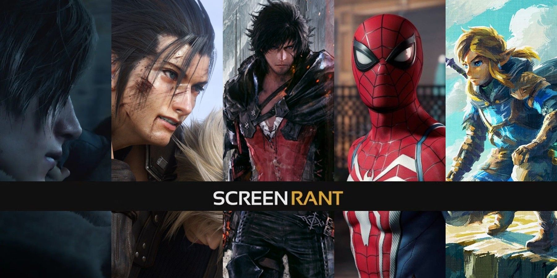 Series of rectangular vertical images of Leon from Resident Evil 4 Remake, characters from FF7 Remake part 2 and FF16, Spider-Man in Marvel's Spider-Man 2, and Link in Zelda: Tears of the Kingdom. Screen Rant logo on top.