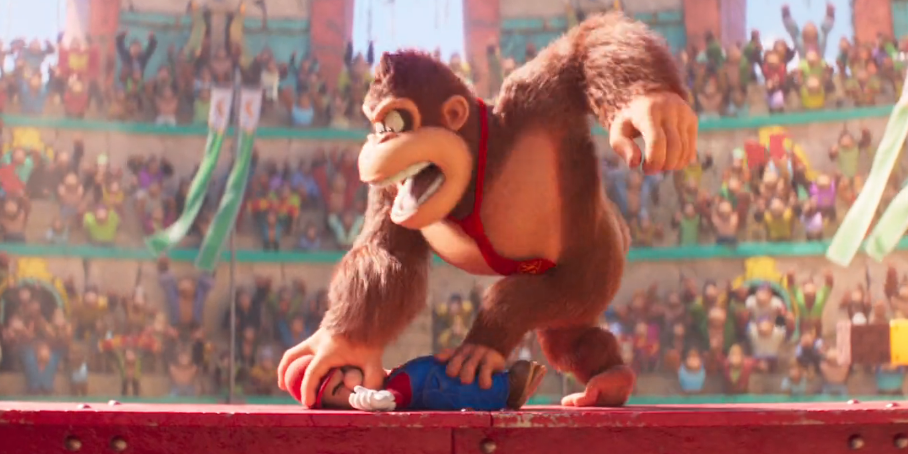 Mario and Donkey Kong fighting in an arena in the Super Mario Bros. Movie
