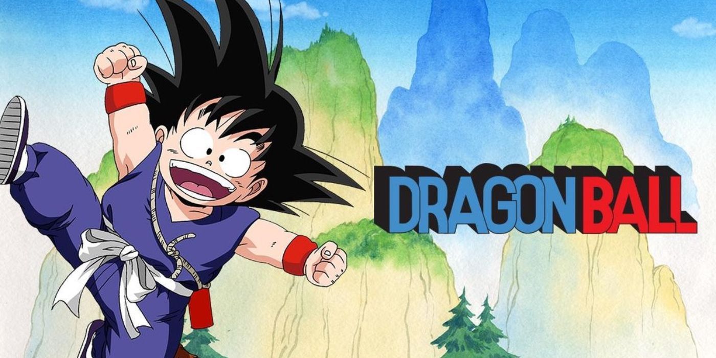 Goku pulando pelo logo de Dragon Ball.