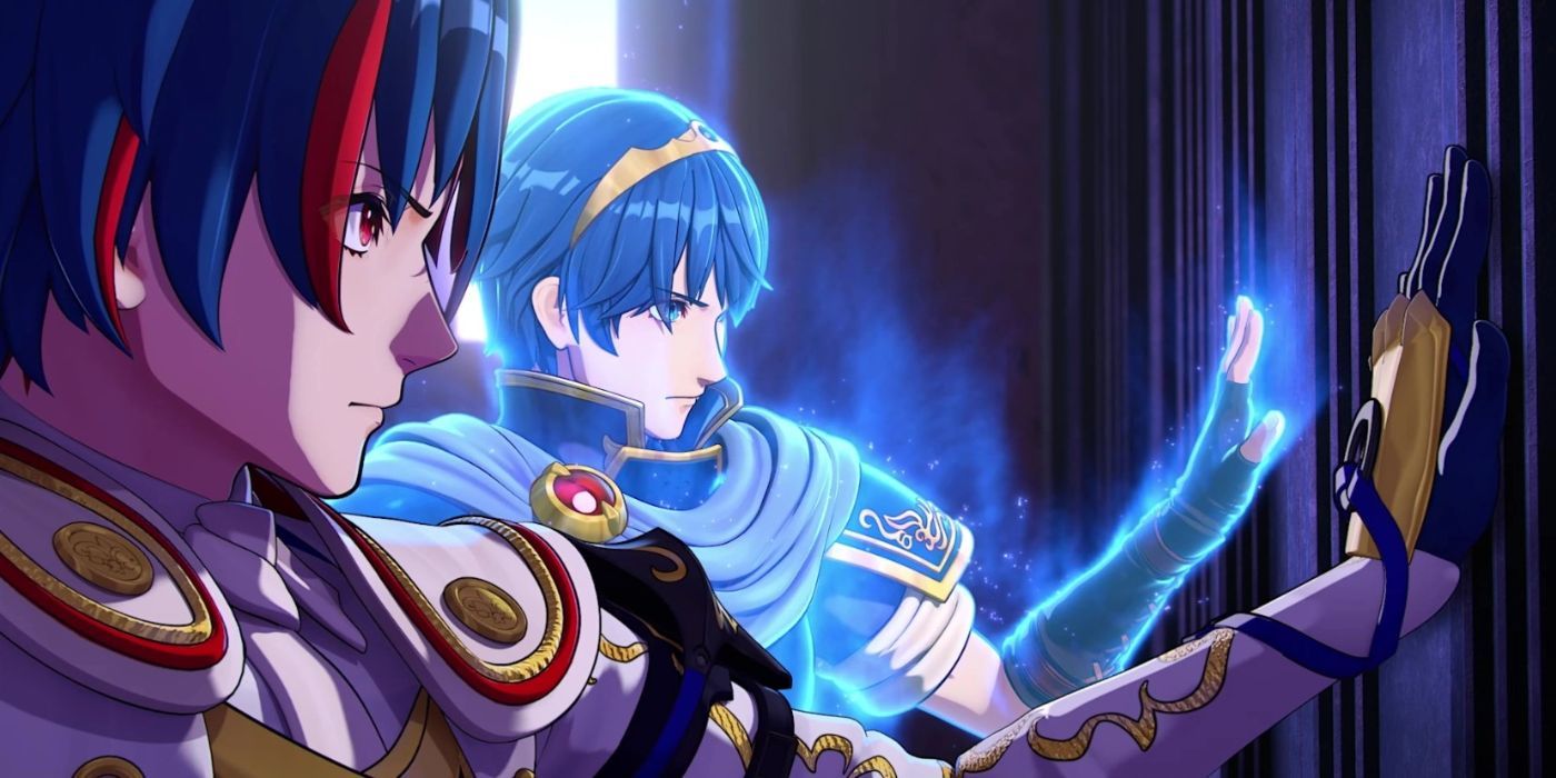 Alear and Marth pushing a door open together in Fire Emblem Engage.