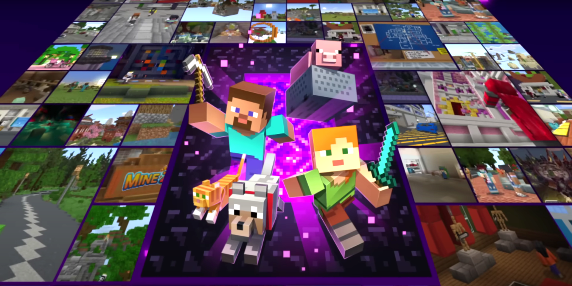 Minecraft Realms Image With Characters leaping from Nether Portal