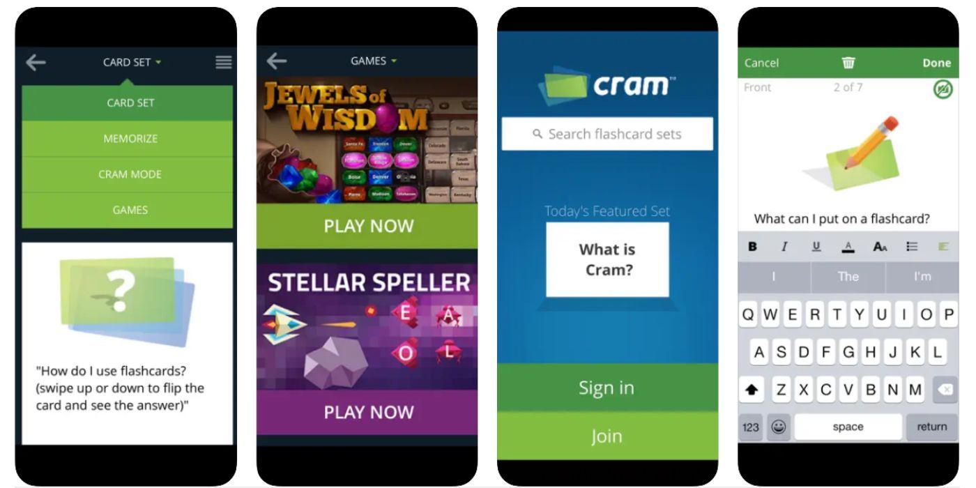 Screenshots of the Cram flashcards app
