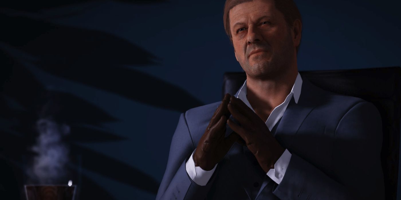 Sean Bean junta as mãos e encara Mark Faba em Hitman 2