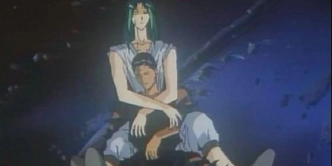 Itsuki cradling Sensui's body in Yu Yu Hakusho.