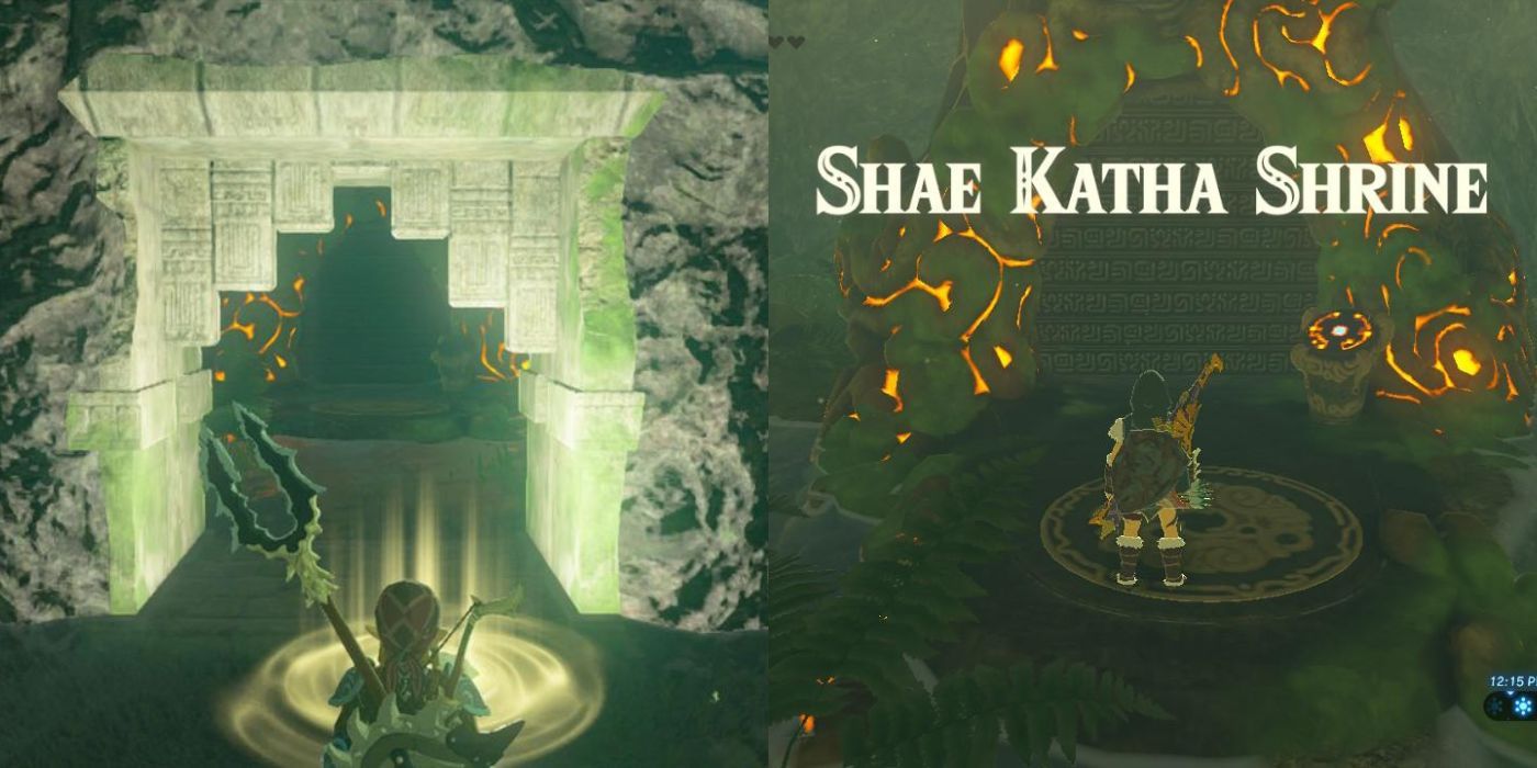 Dua gambar Link berdampingan mendekati pintu masuk kuil Shae Katha di Zelda BOTW.