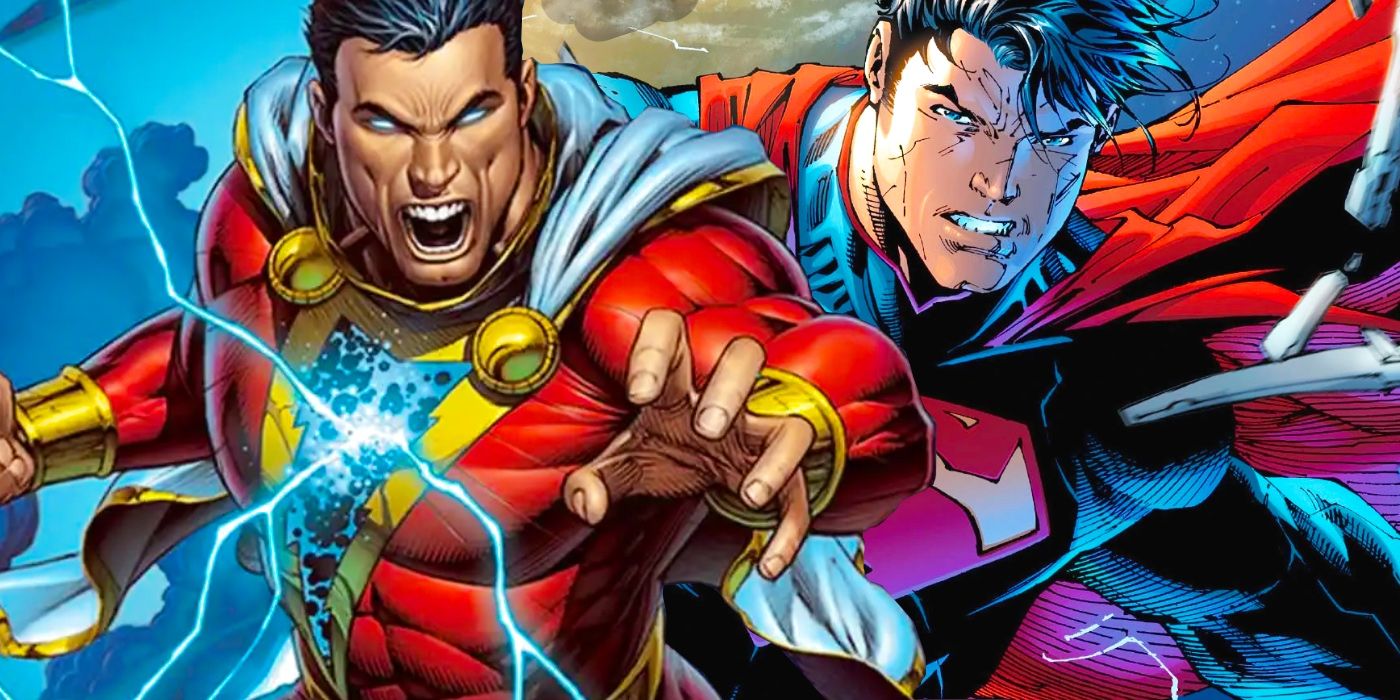 Imagem em destaque: Shazam tendo seu peito atingido por uma explosão de energia (esquerda);  Superman parece sério (à direita)