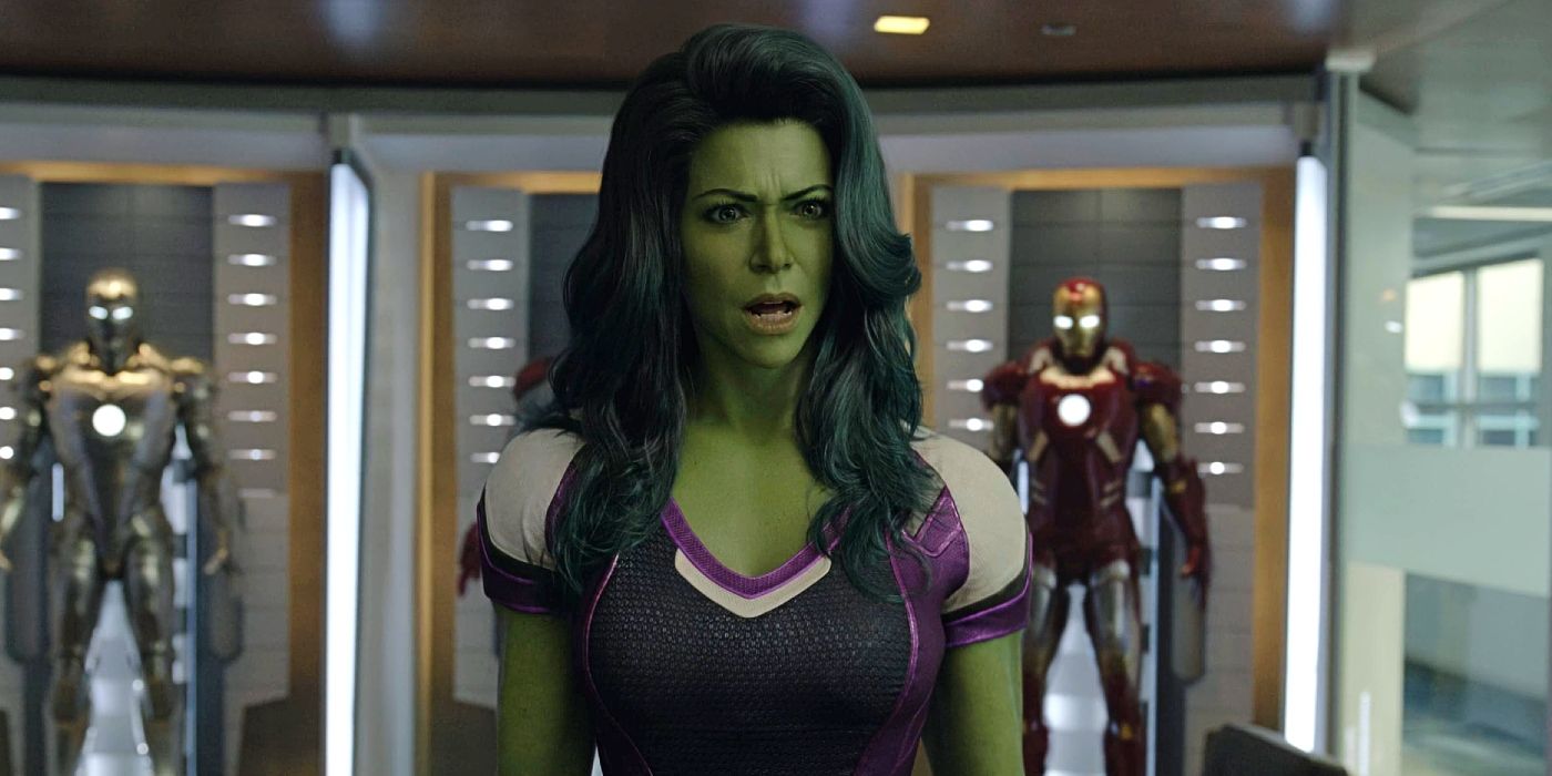 She-Hulk looking offended with Iron Man suits behind her.
