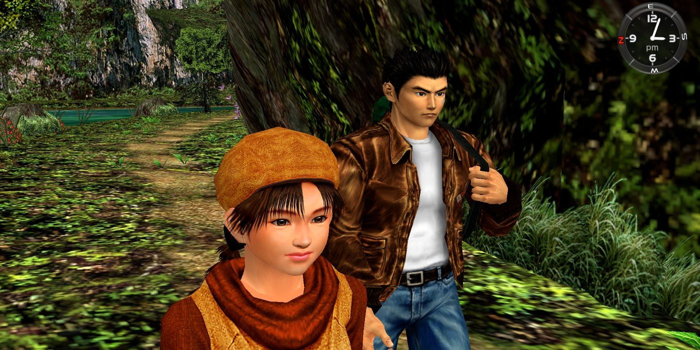 A woman and man walk through the woods in Shenmue