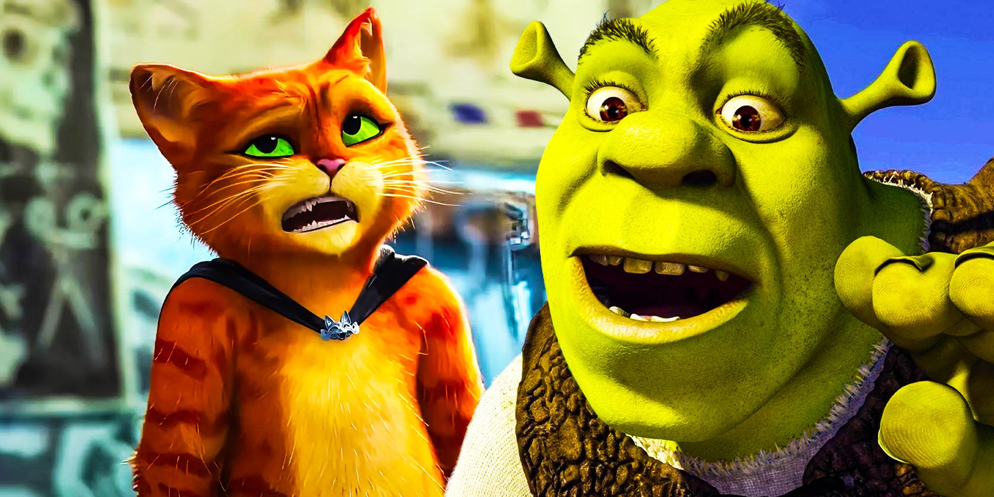 A blended image features Puss in Boots and Shrek.