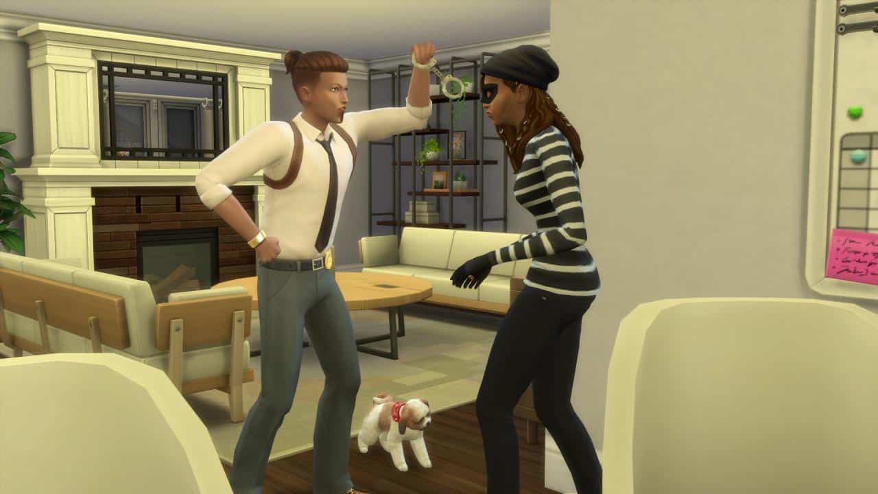 A Sims 4 thief is confronted by a handcuffed detective.