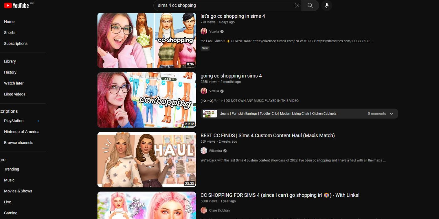 A screenshot showing a search for Sims 4 CC shopping on YouTube