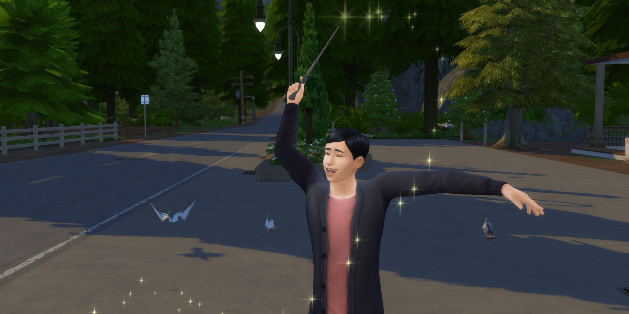 Sims 4 boy looking excited casting a spell with a wand.