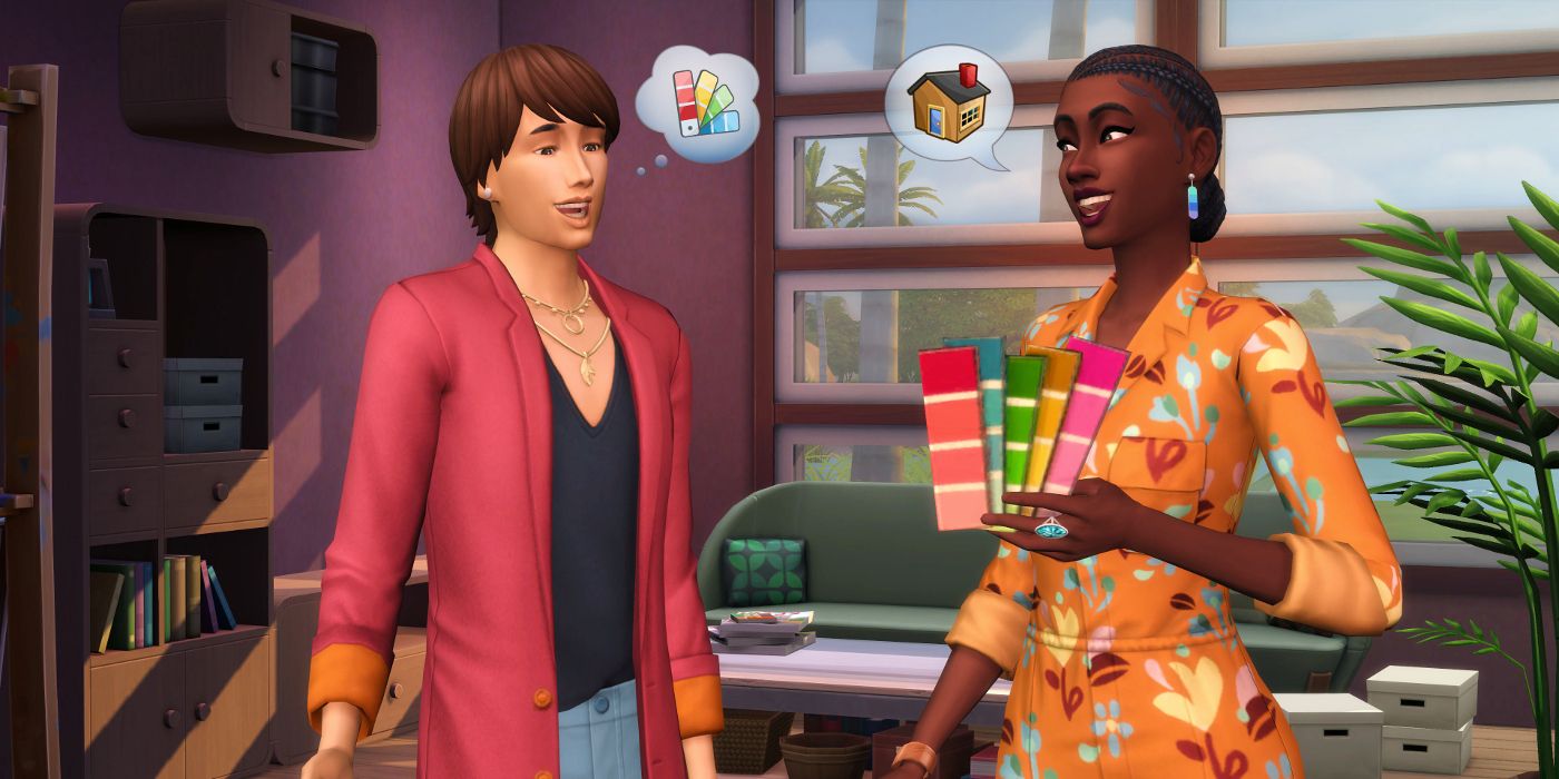 Two Sims having a conversation as one holds paint swatches in the Sims 4's Dream Home Decorator Pack.