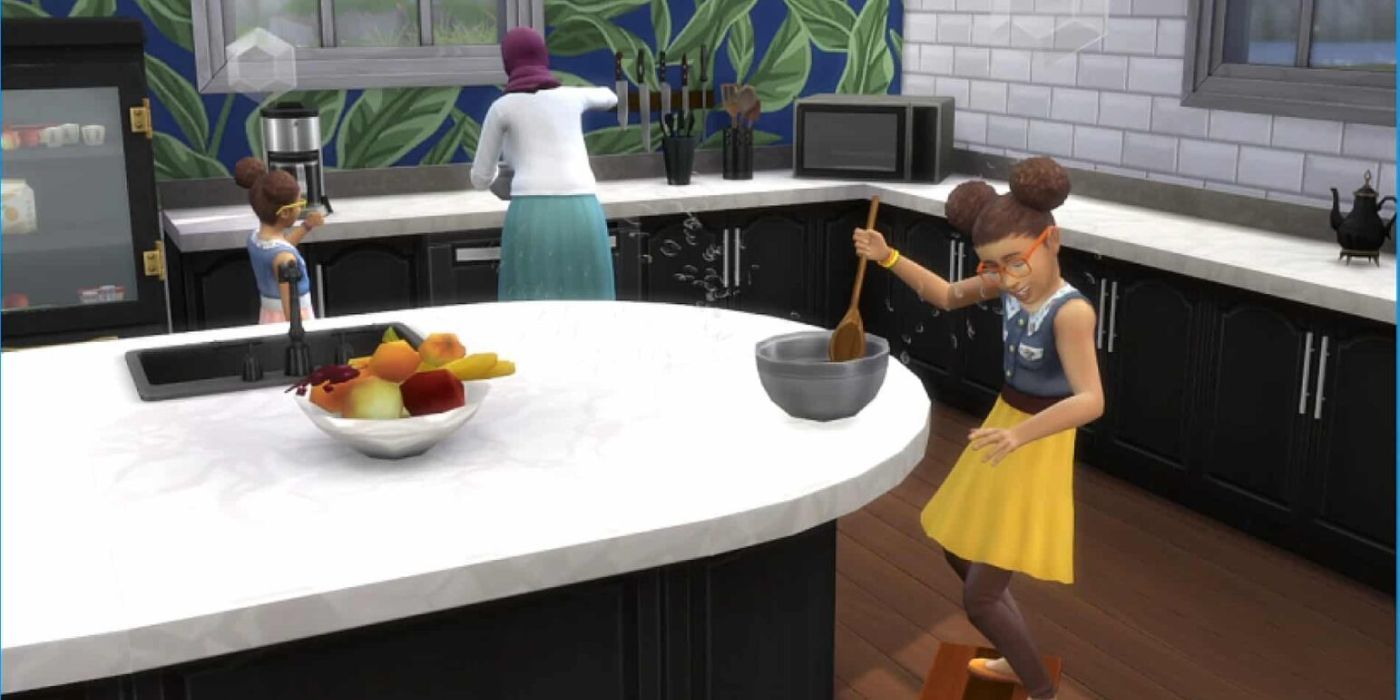 A child sim cooks with an adult in The Sims 4.