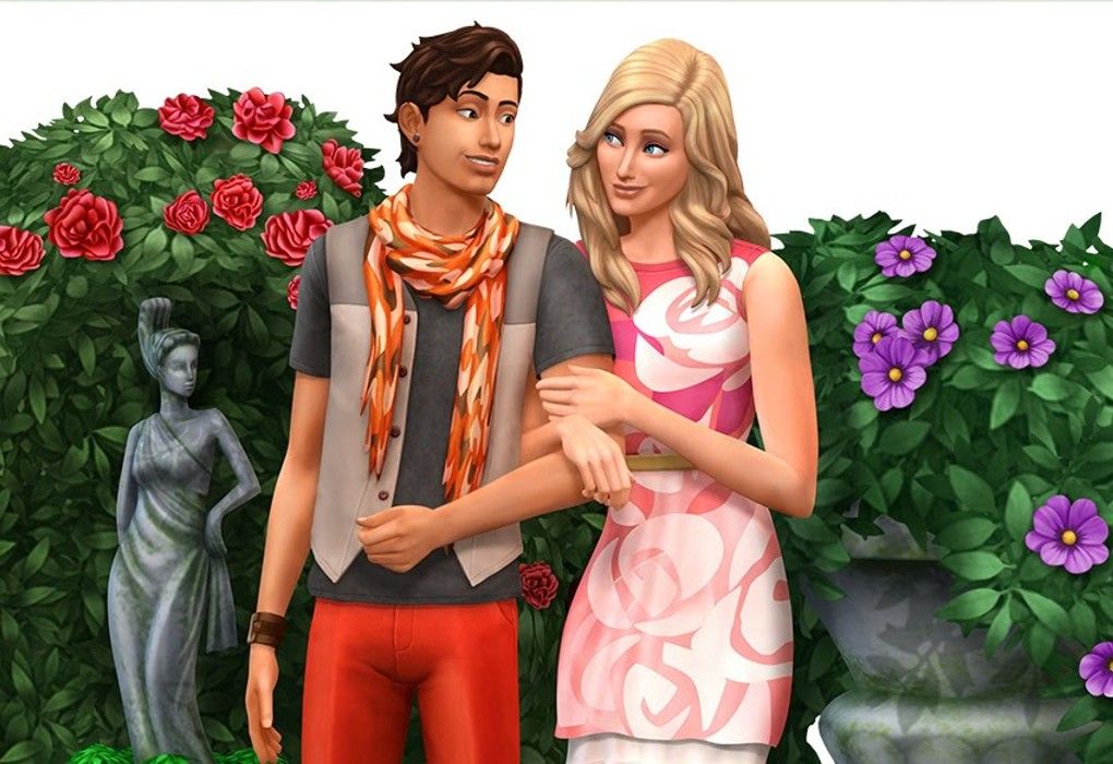A male and female Sim with linked arms looking at each other romantically with flowering bushes behind them.