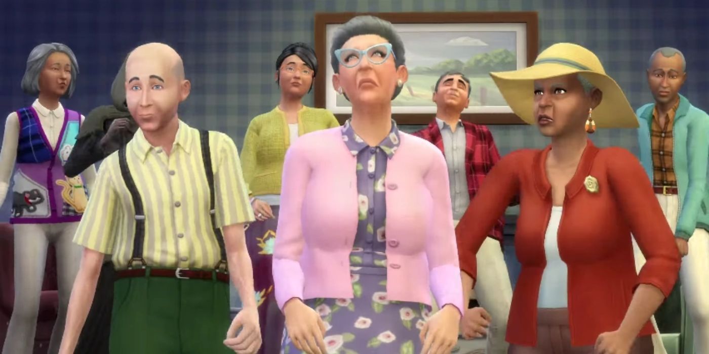 A group of Elders in The Sims 4, all wearing different outfits with varying facial expressions.