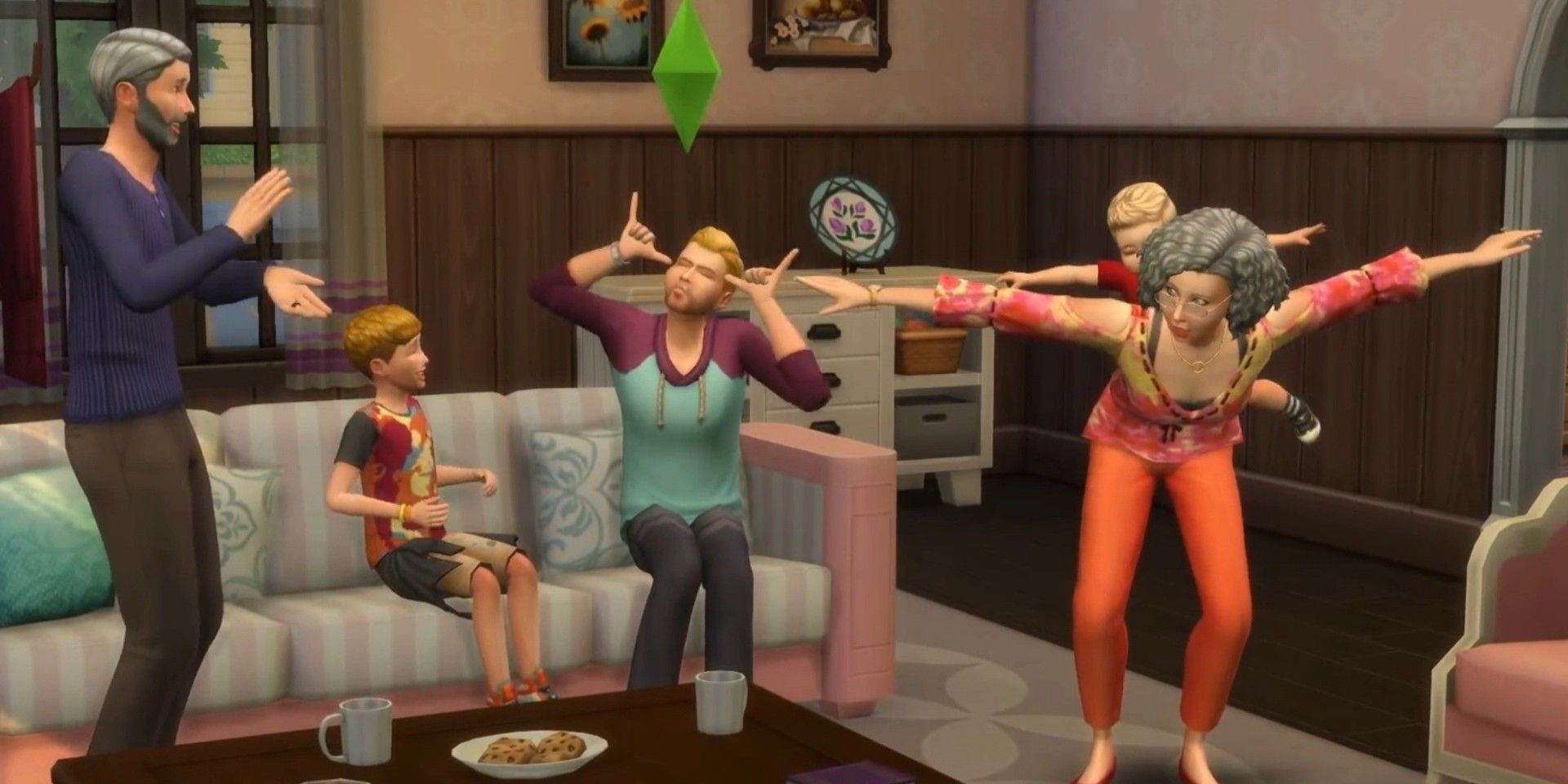 Sims 4 family playing around, from left to right an elder clapping, a child and adult on a couch with the adult making a funny face, and a toddler riding on an elder's back like it's an airplane.