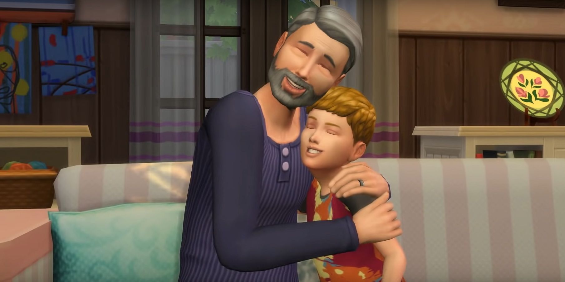 A Sims 4 elder hugging his grandson while they sit on a couch.