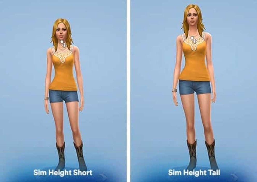Sims 4 height slider demonstration showing short and tall heights on a female Sim.
