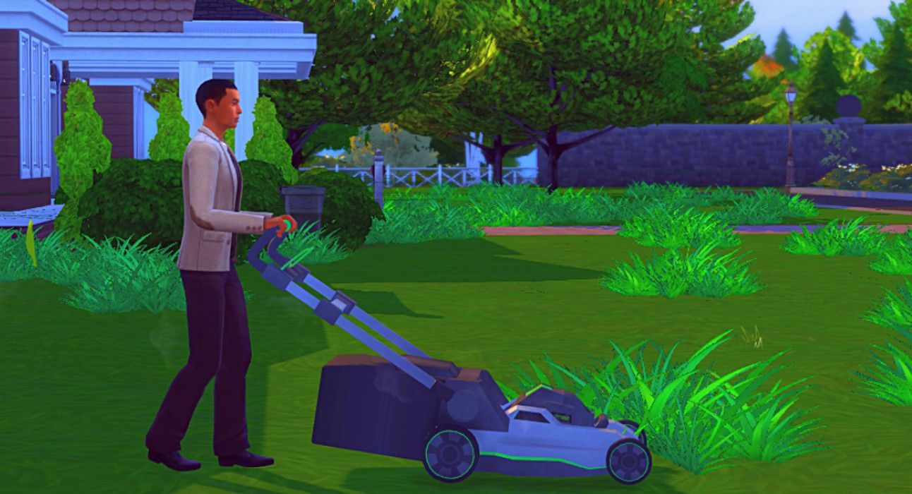 A Sim mowing the lawn.