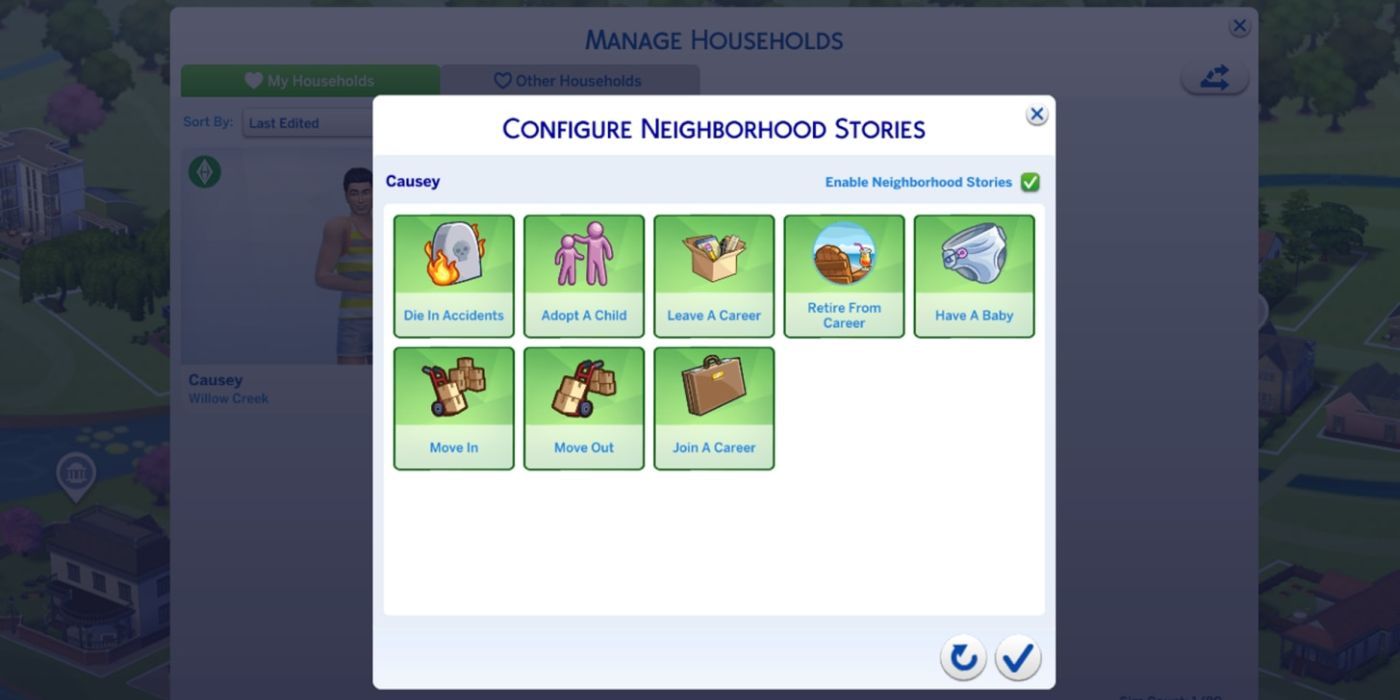 The Sims 4 Neighborhood Stories configuration screen.