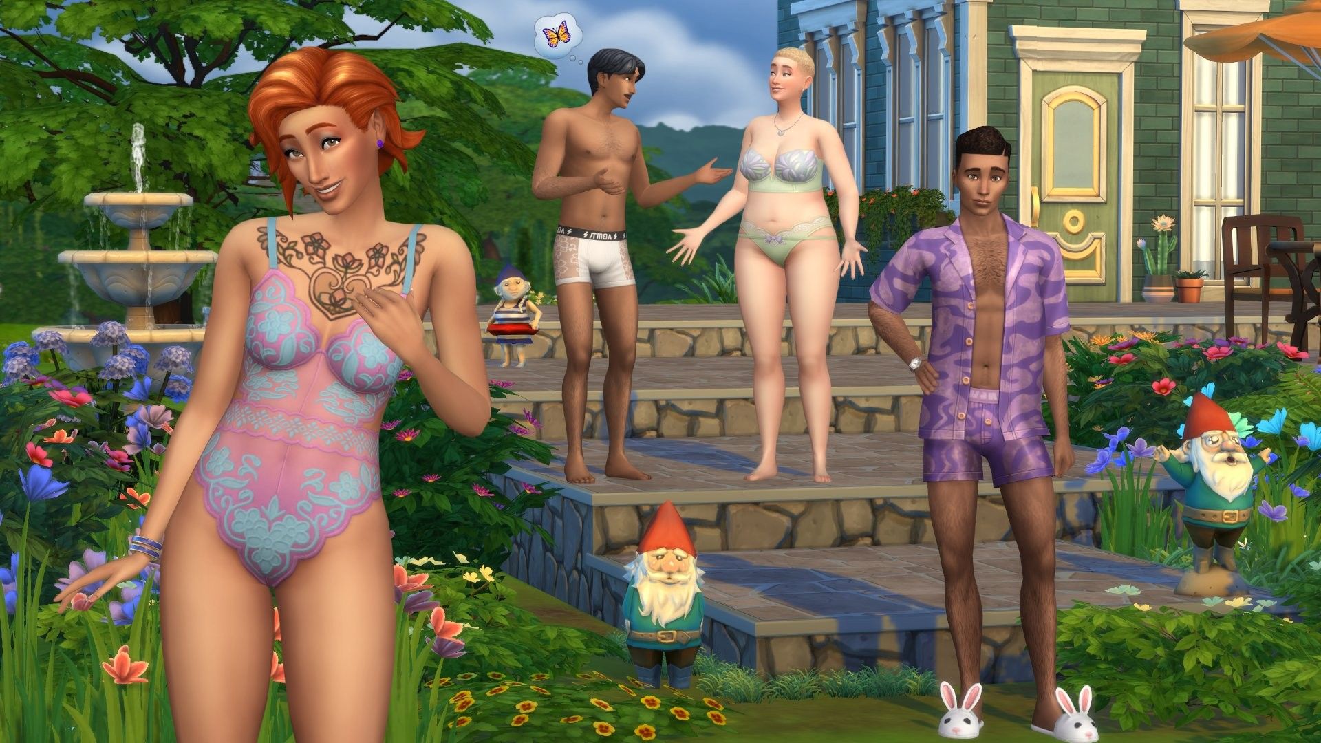 Sims 4 Simtimates Kit key art showing two male and two female Sims in various underwear, lingerie, and lounge wear.