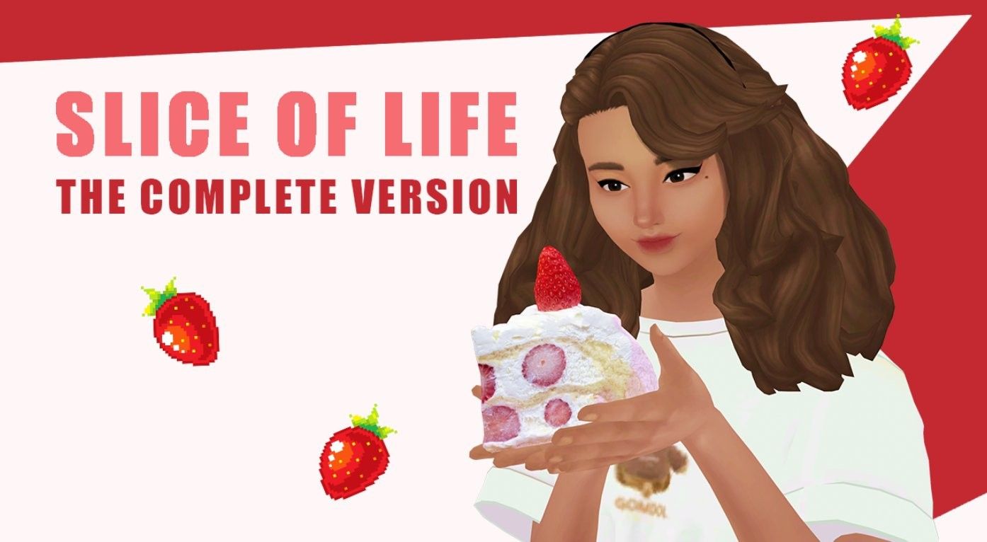 Sims 4 Slice of Life mod's key art showing a Sim holding strawberry cake.