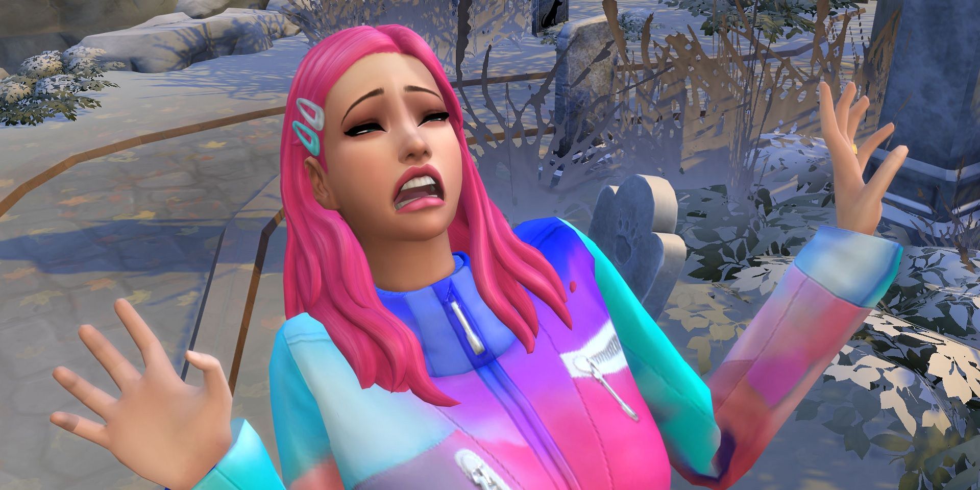 A terrified female Sim in a graveyard in The Sims 4