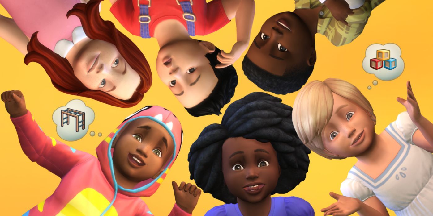 Sims 4 toddlers stand in a circle and look down at the camera.