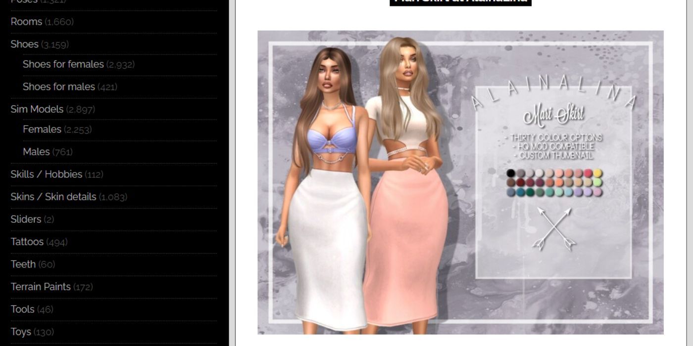 Screenshot of Sims4Updates showing the variety of color options for custom skirts.