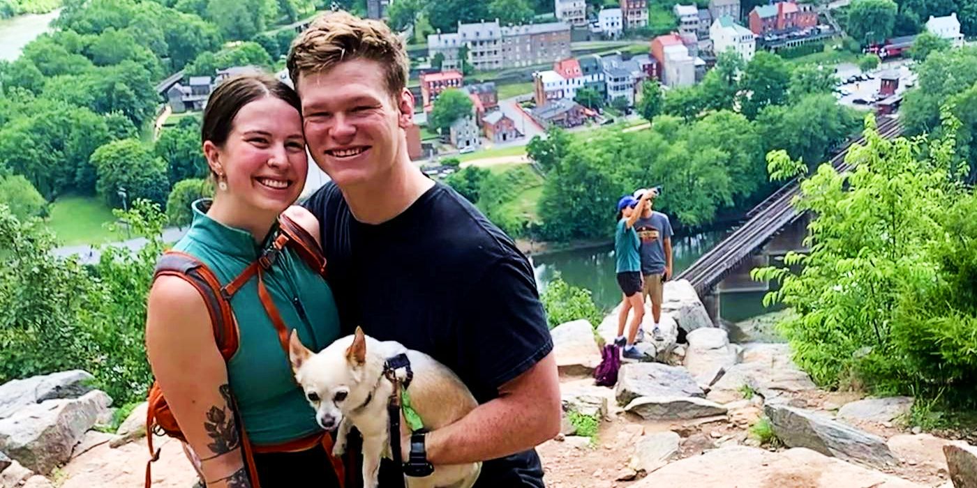 Sister Wives star Hunter Brown smiling with partner Audrey Hubert and holding dog
