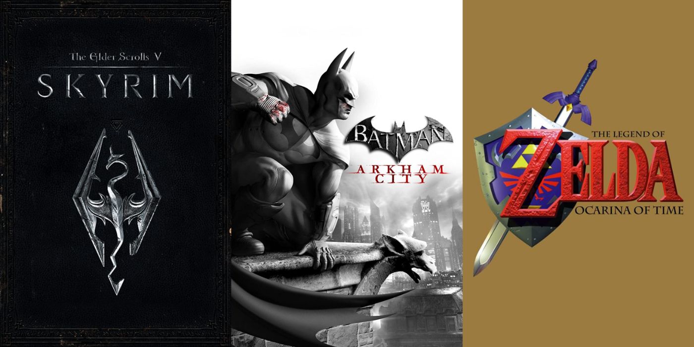 Split image of Skyrim, Arkham City, and Ocarina of Time key art.
