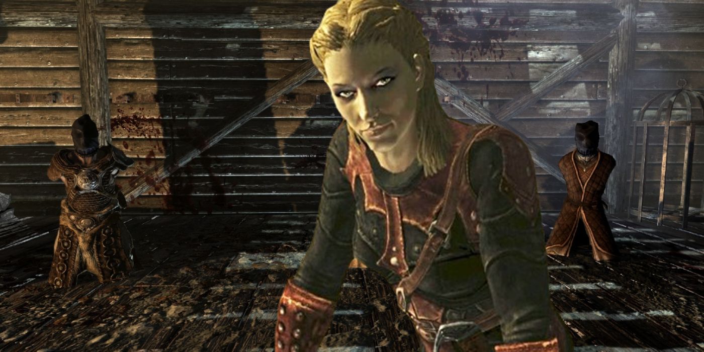 Image of Astrid pasted in front of the three hostages in Skyrim's second Dark Brotherhood quest.