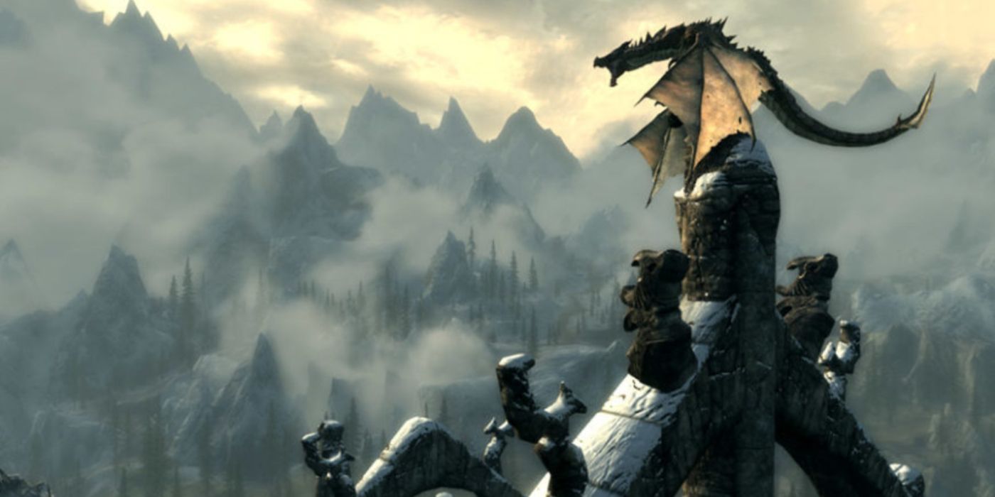 The Elder Scrolls V: Skyrim promo art featuring a dragon roaring atop a structure.