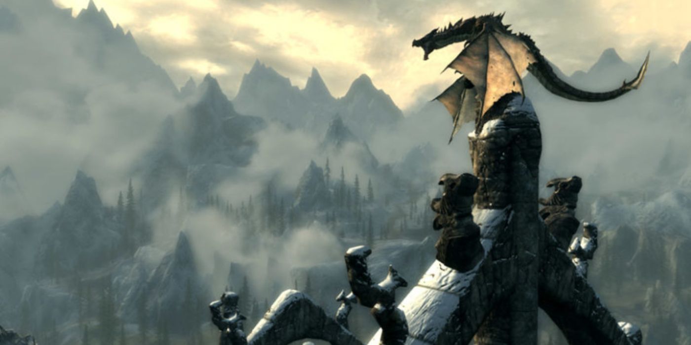 Arte promocional de The Elder Scrolls V: Skyrim com um dragão rugindo no topo de uma estrutura.