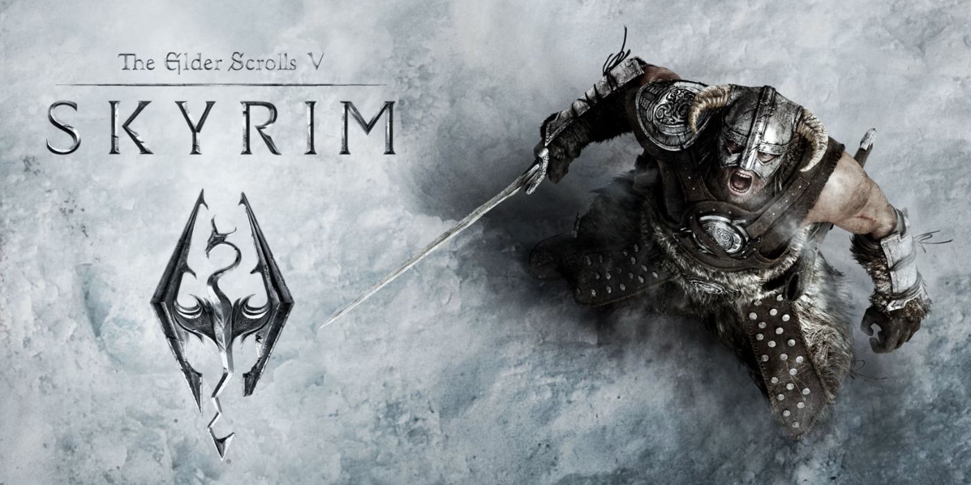 The Elder Scrolls V: Skyrim promo art featuring the Dragonborn shouting into the sky.