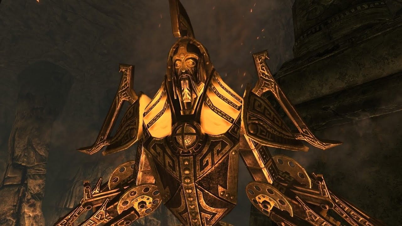 Skyrim's Forgemaster, a very tall, golden, mechanical male figure.